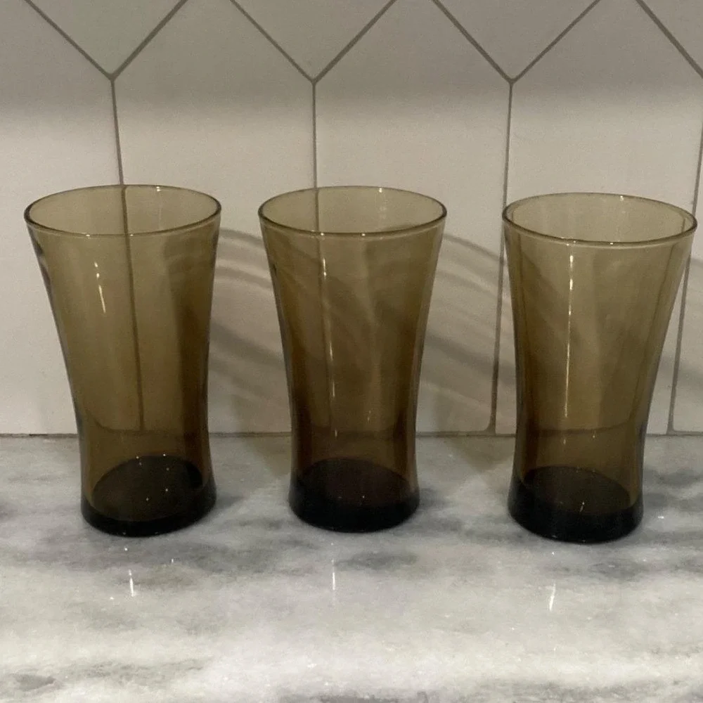 Anchor Hocking Linden Mocha Tumblers,‎ Set of 3, Vintage Tawny Brown Glasses